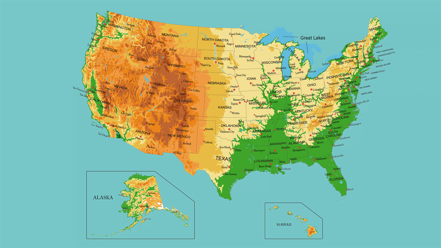 Mapa físico de Estados Unidos