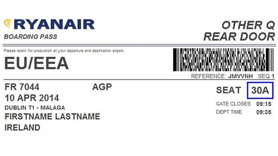 Modelo de tarjeta de embarque online de Ryanair