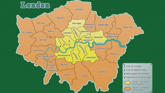 Mapa de Londres exterior y Londres interior