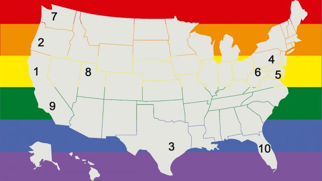 Mapa de las 10 ciudades más gay-friendly de EEUU