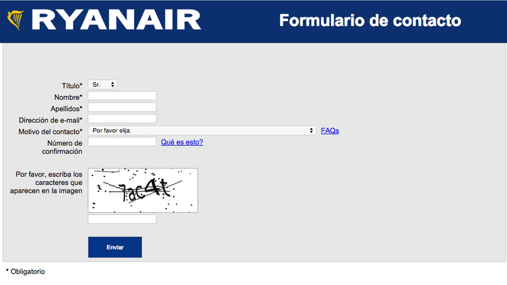 Ryanair harremanetarako formularioa