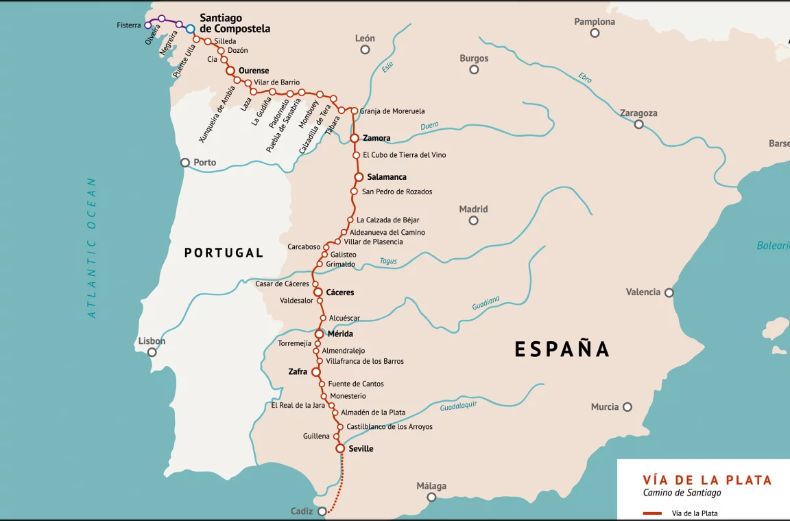 Mapa da Vía de la Plata (Caminho de Santiago)