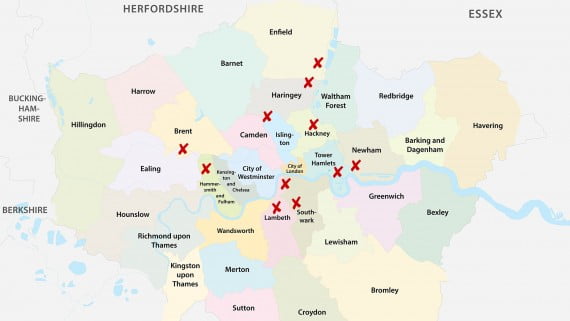 Mapa de los barrios más peligrosos de Londres