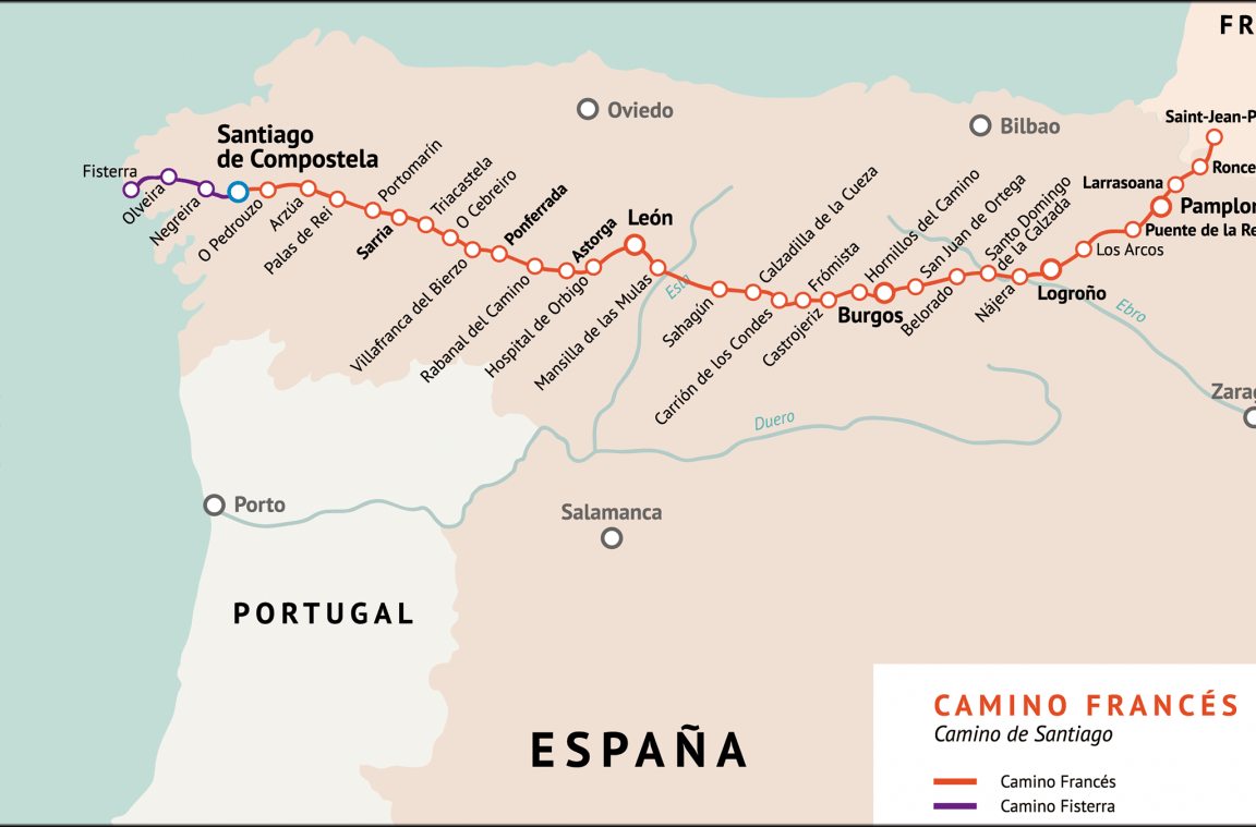 Karte des französischen Weges (Camino de Santiago)