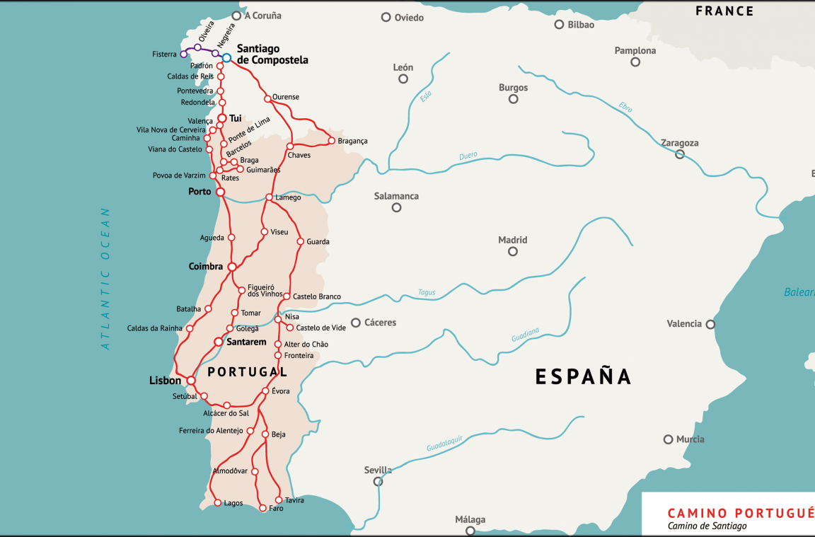 Map of the Portuguese Way (Camino de Santiago)