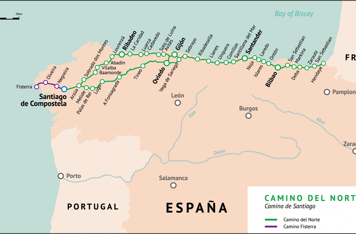Map of the Northern Way (Camino de Santiago)