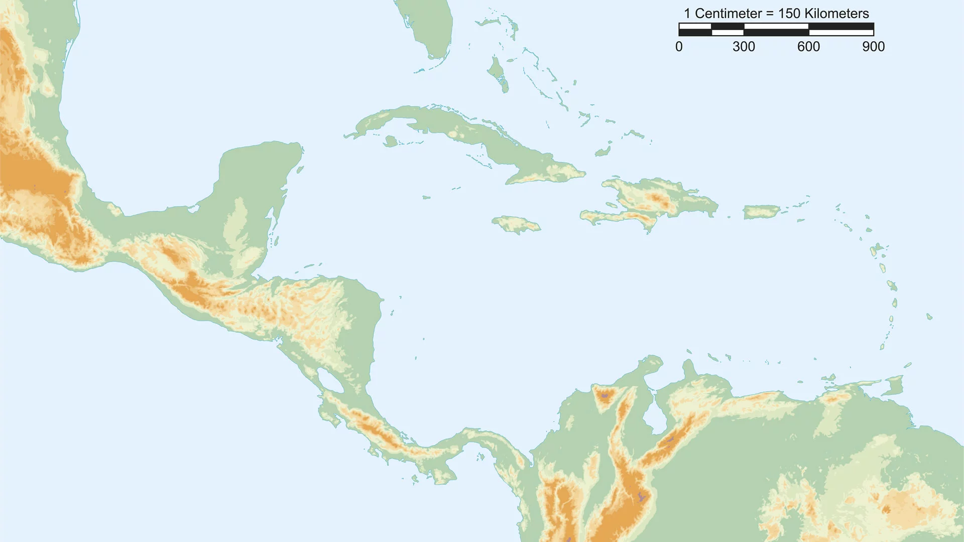 Mappa fisica dell'America centrale con scala