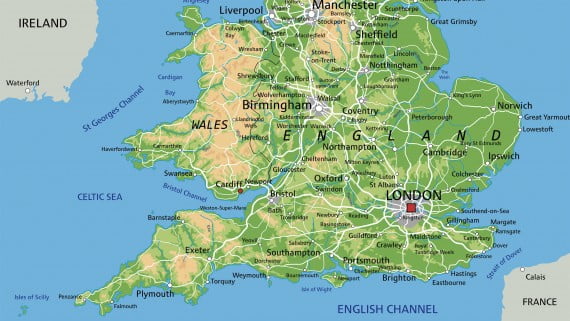 mapa fisico de londres Mapa físico de Inglaterra