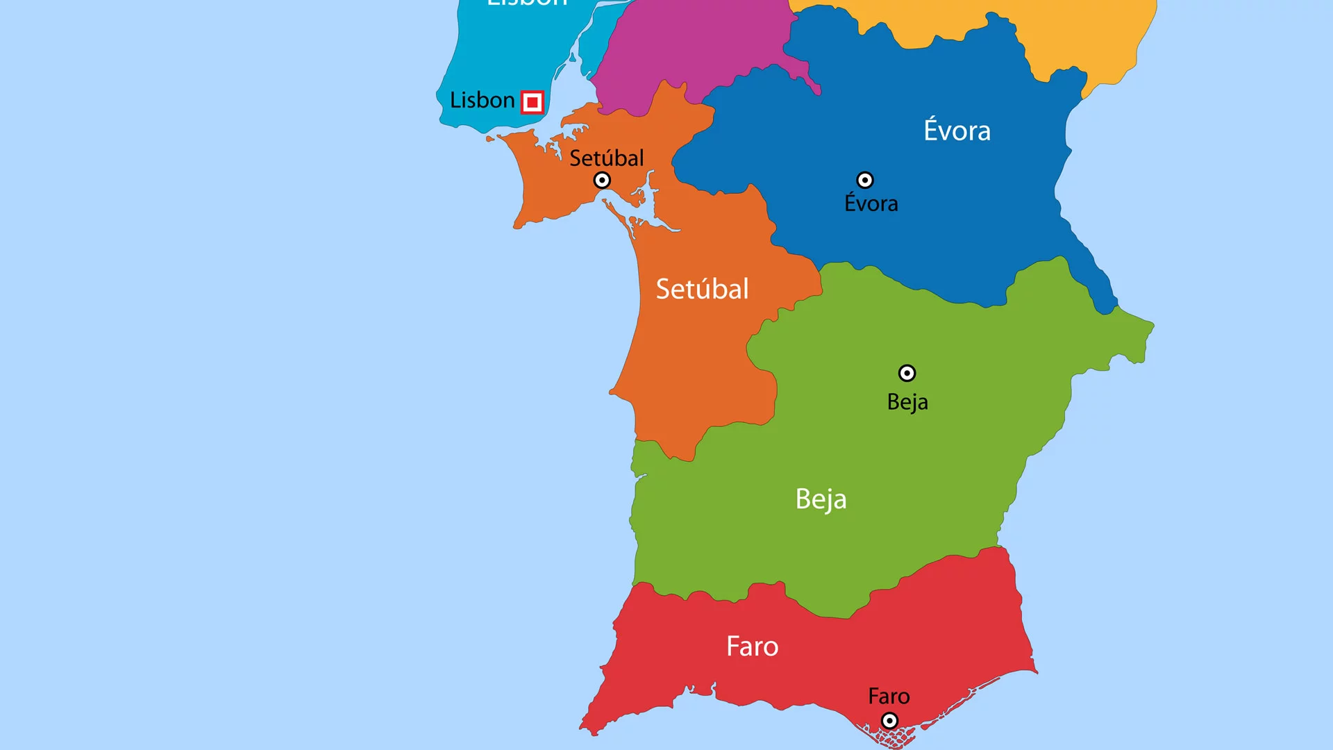 Portugalgo mapa politikoa: hegoaldeko zona