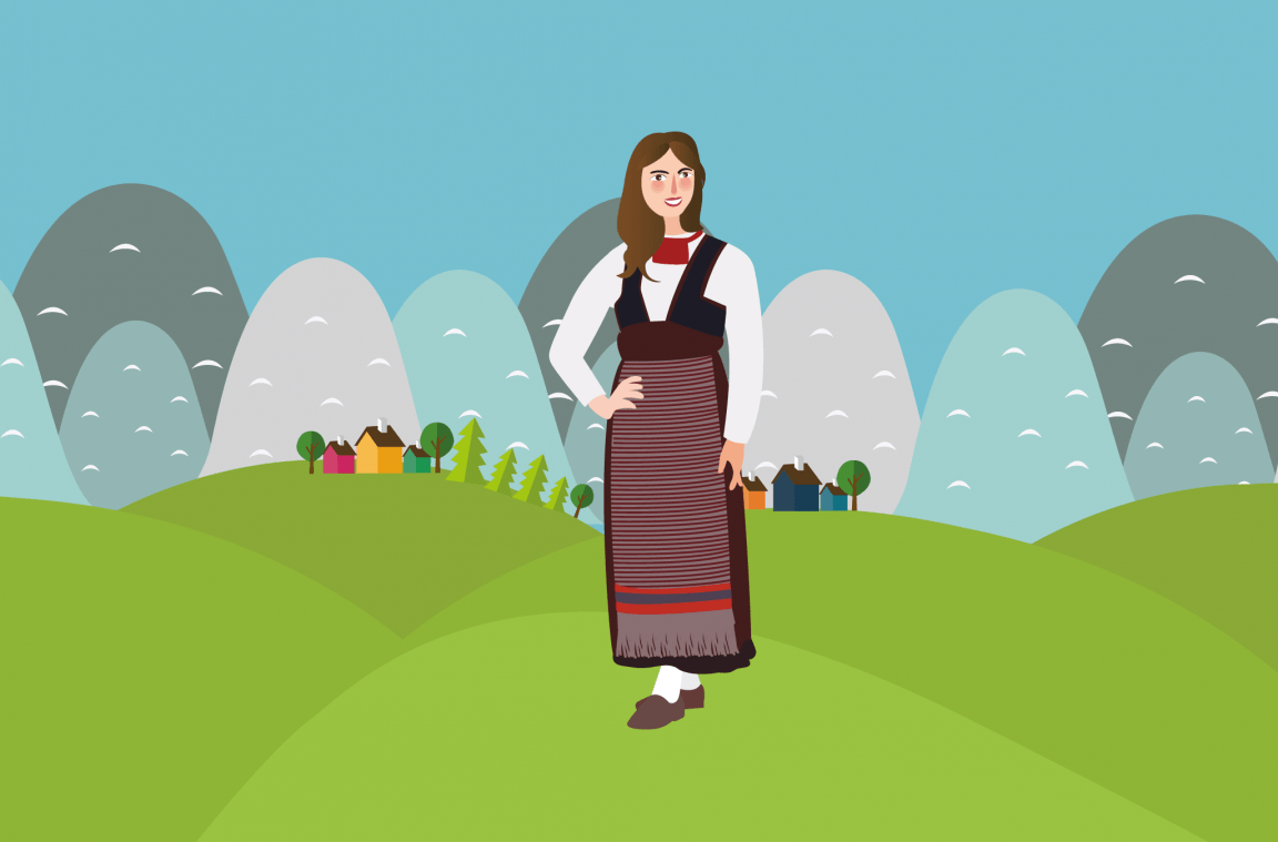 Finlandiako jantzi tipikoa duen emakumearen marrazkia