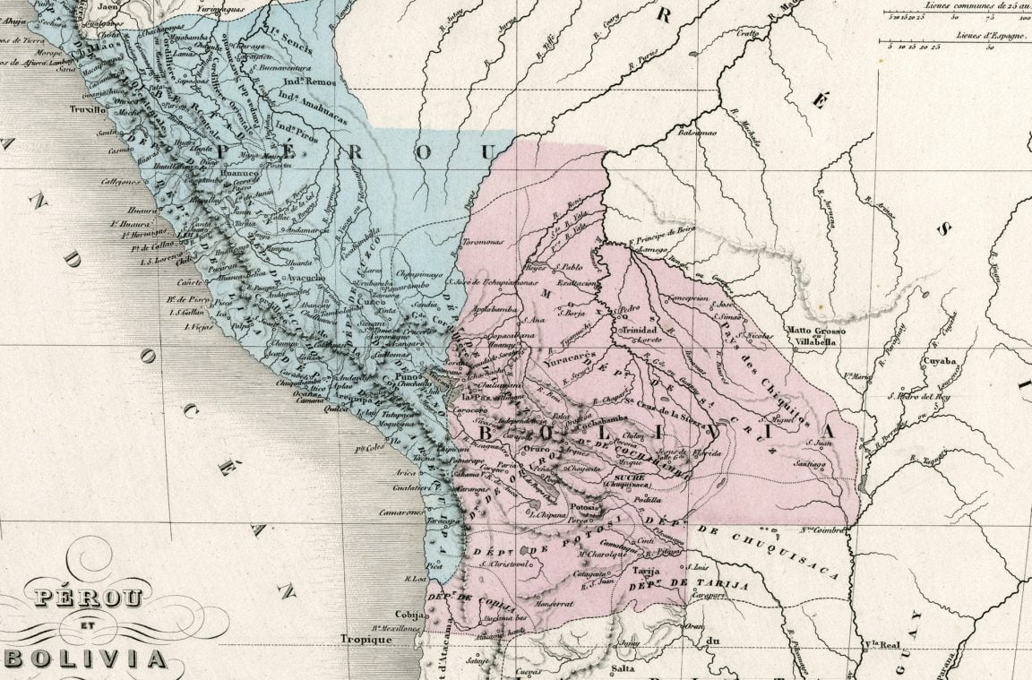 Mapa antigo de Perú e Bolivia