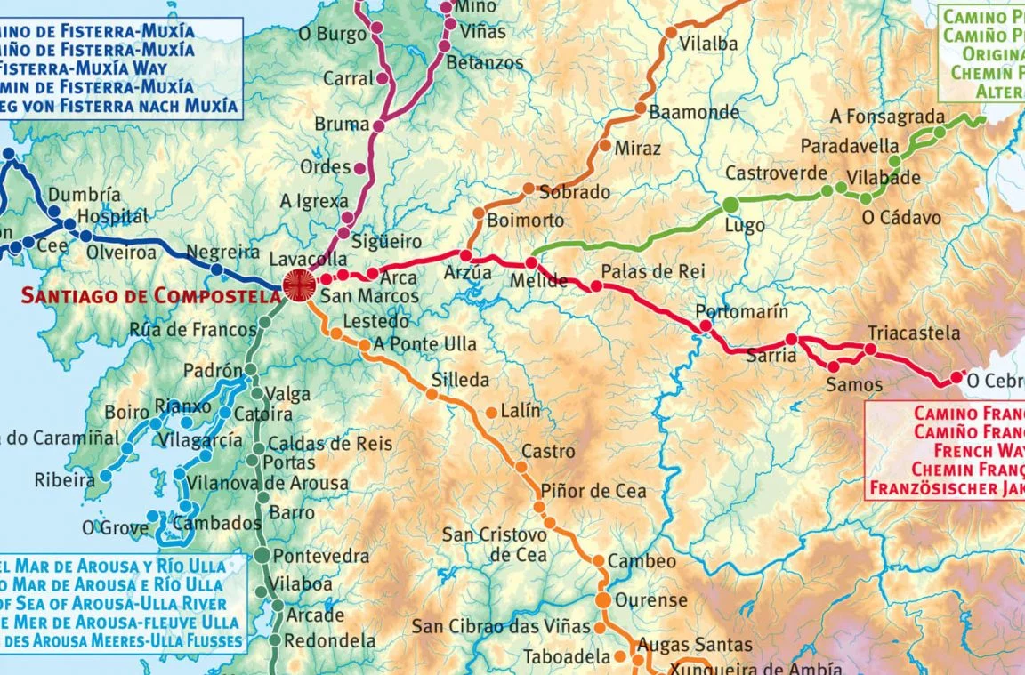 Galiziako mapa Santiagoko errepideekin