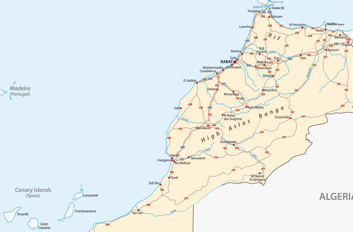 Mapa de estradas de Marrocos