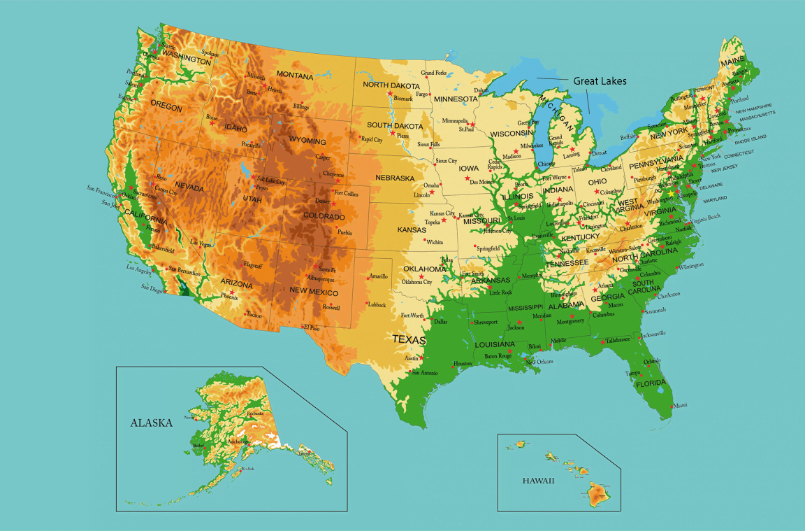 Physische Karte der Vereinigten Staaten