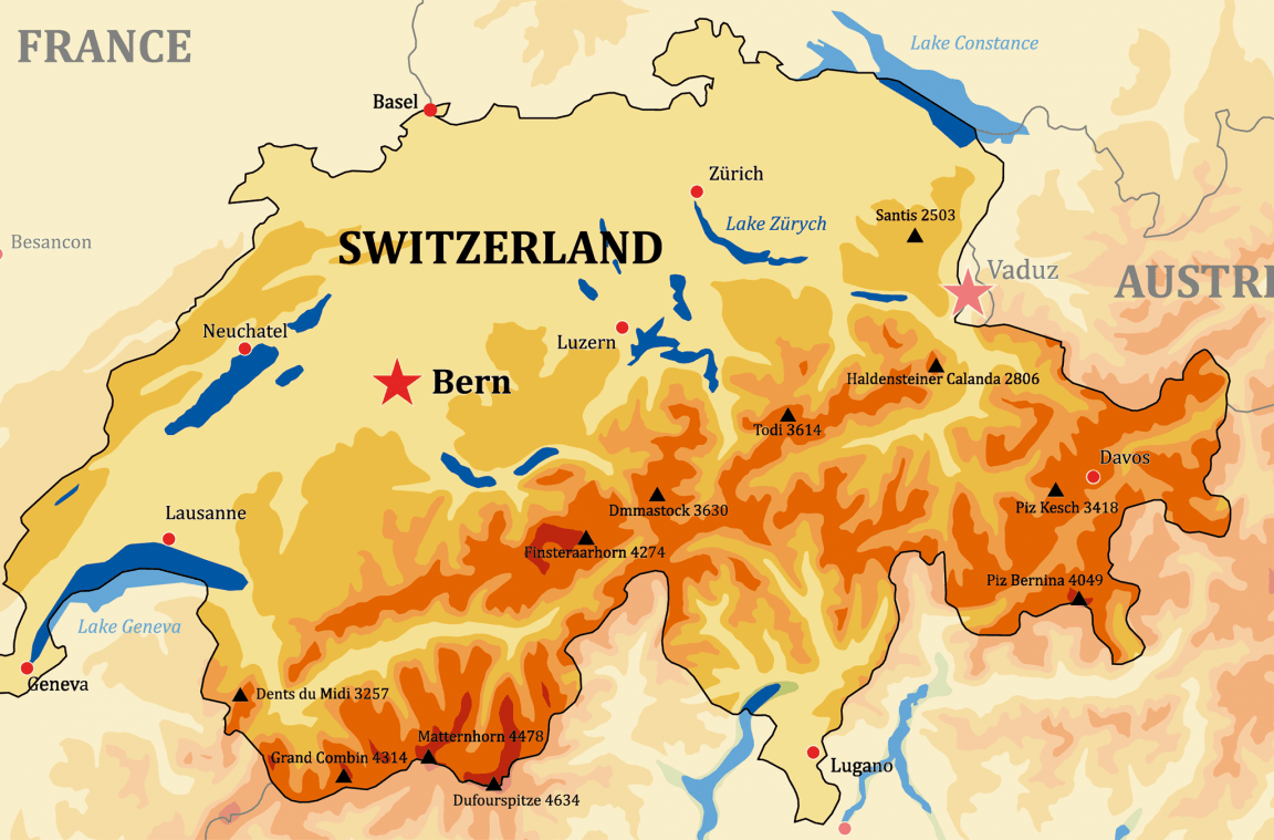 Mapa físico da Suíça