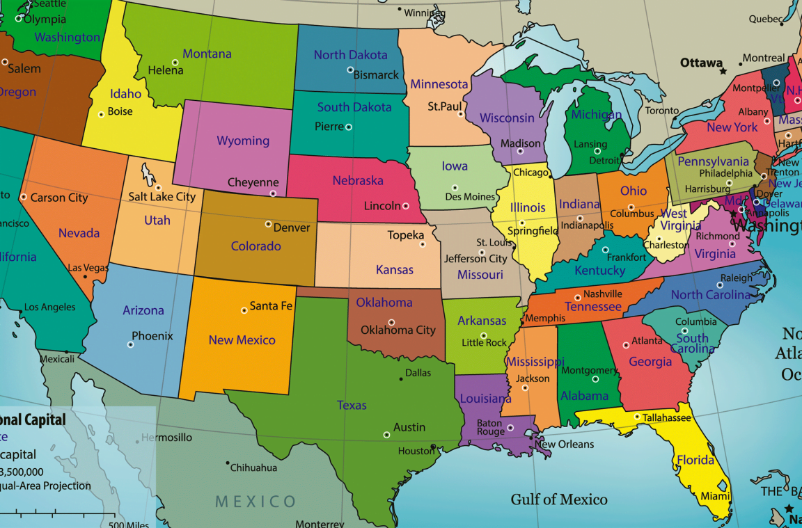 Politische Karte der Vereinigten Staaten mit Namen