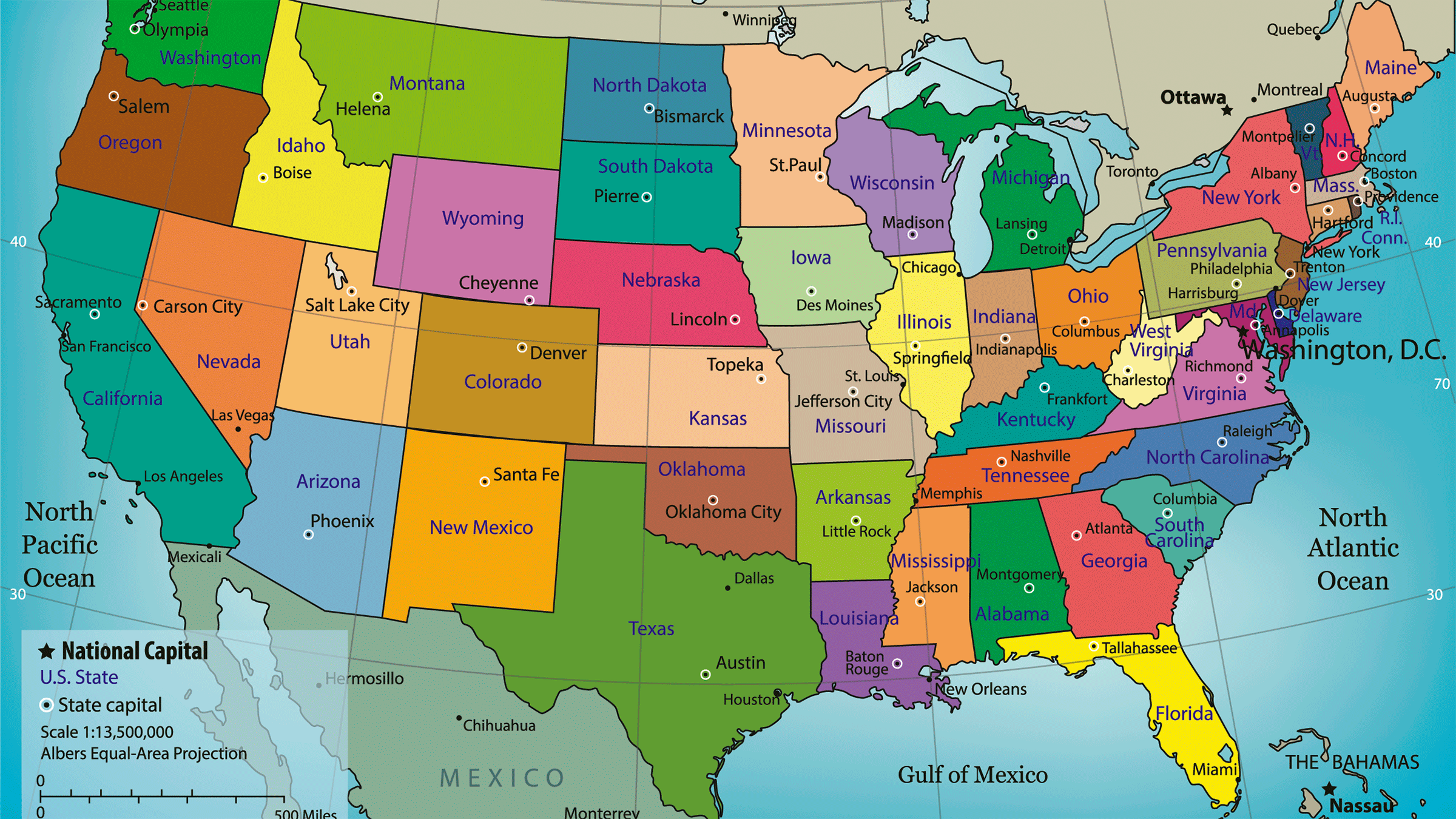 Mapa político de Estados Unidos con nombres