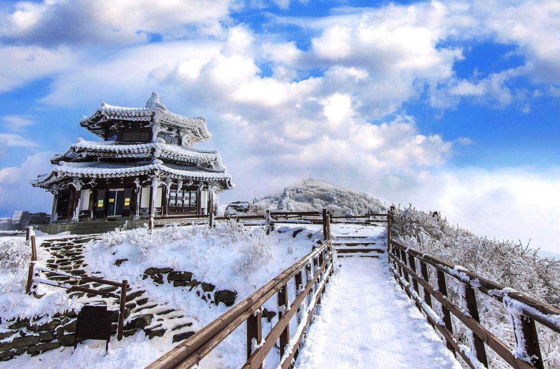 Paisaje nevado en el Parque Nacional Deogyusan, Corea del Sur