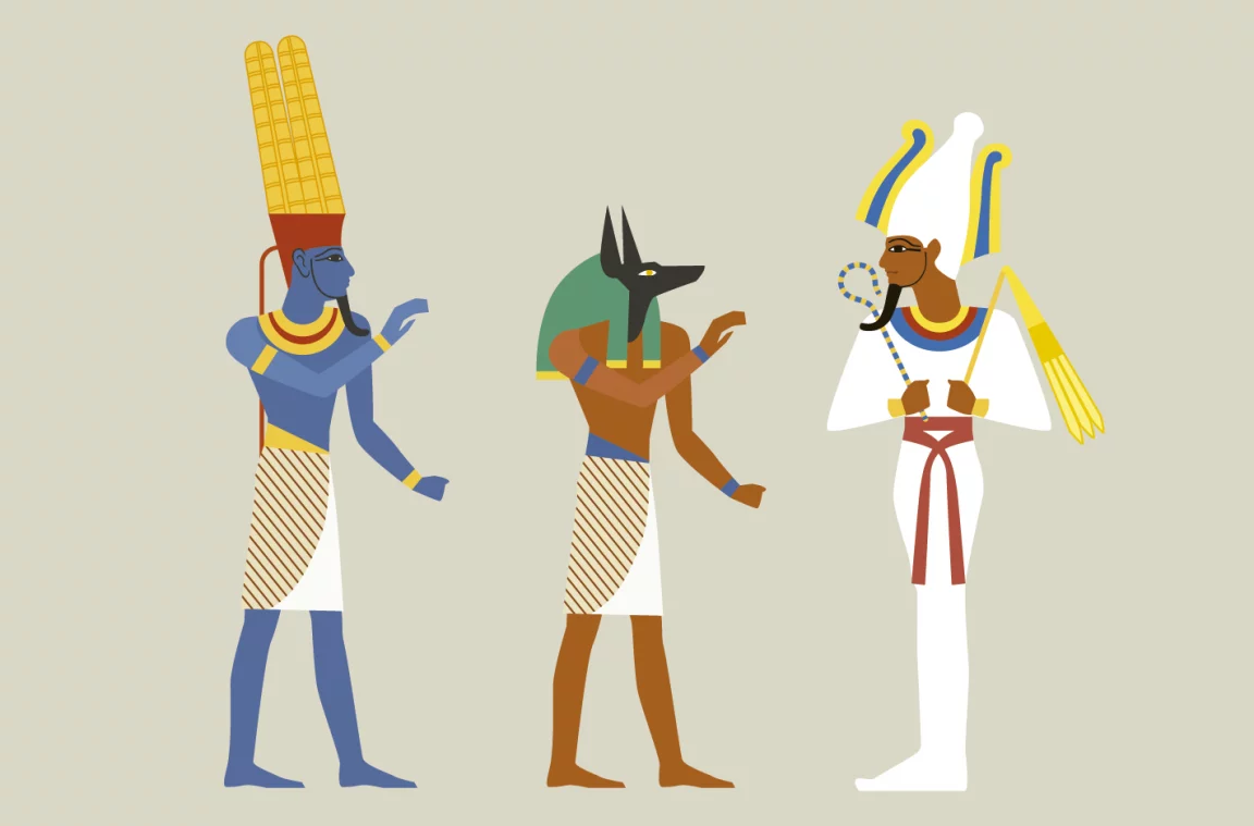 Mısır tanrıları Amun, Anubis ve Osiris'in temsili
