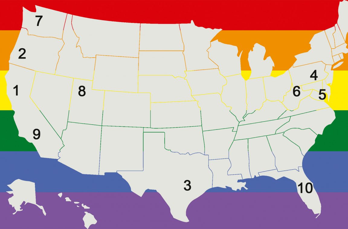 Karte der 10 schwulenfreundlichsten Städte der USA